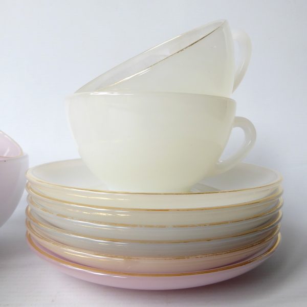 6 vintage Arcopal France glass opalescent Harlequin cups saucers. Pastels opale - Image 15