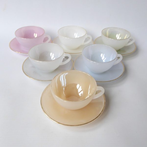 6 vintage Arcopal France glass opalescent Harlequin cups saucers. Pastels opale - Image 3