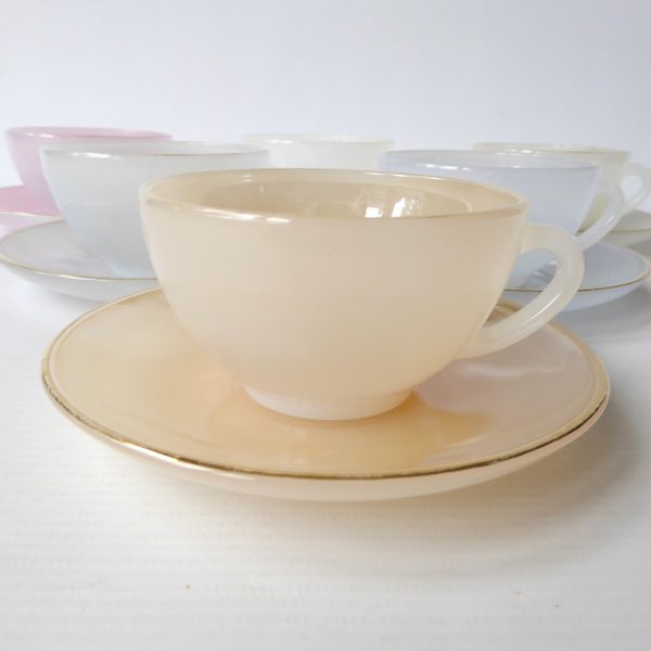 6 vintage Arcopal France glass opalescent Harlequin cups saucers. Pastels opale - Image 5