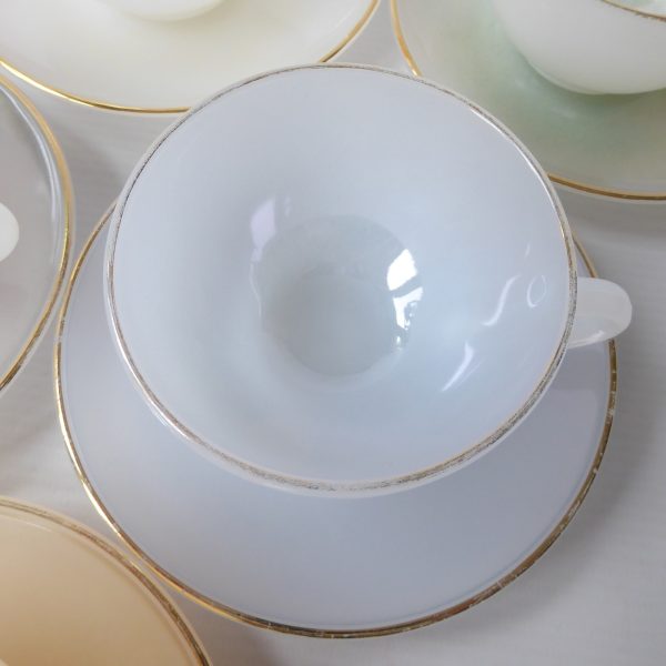 6 vintage Arcopal France glass opalescent Harlequin cups saucers. Pastels opale - Image 7