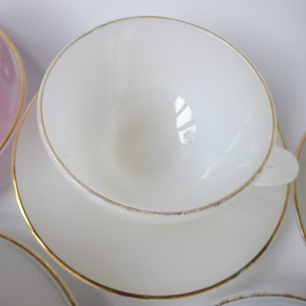 6 vintage Arcopal France glass opalescent Harlequin cups saucers. Pastels opale - Image 10