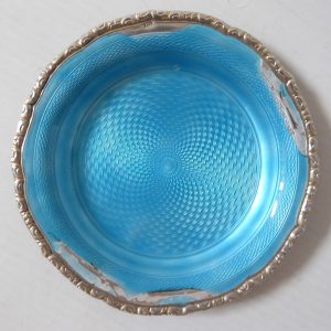925 sterling silver & turquoise blue enamel guilloche pin dish. Vintage antique