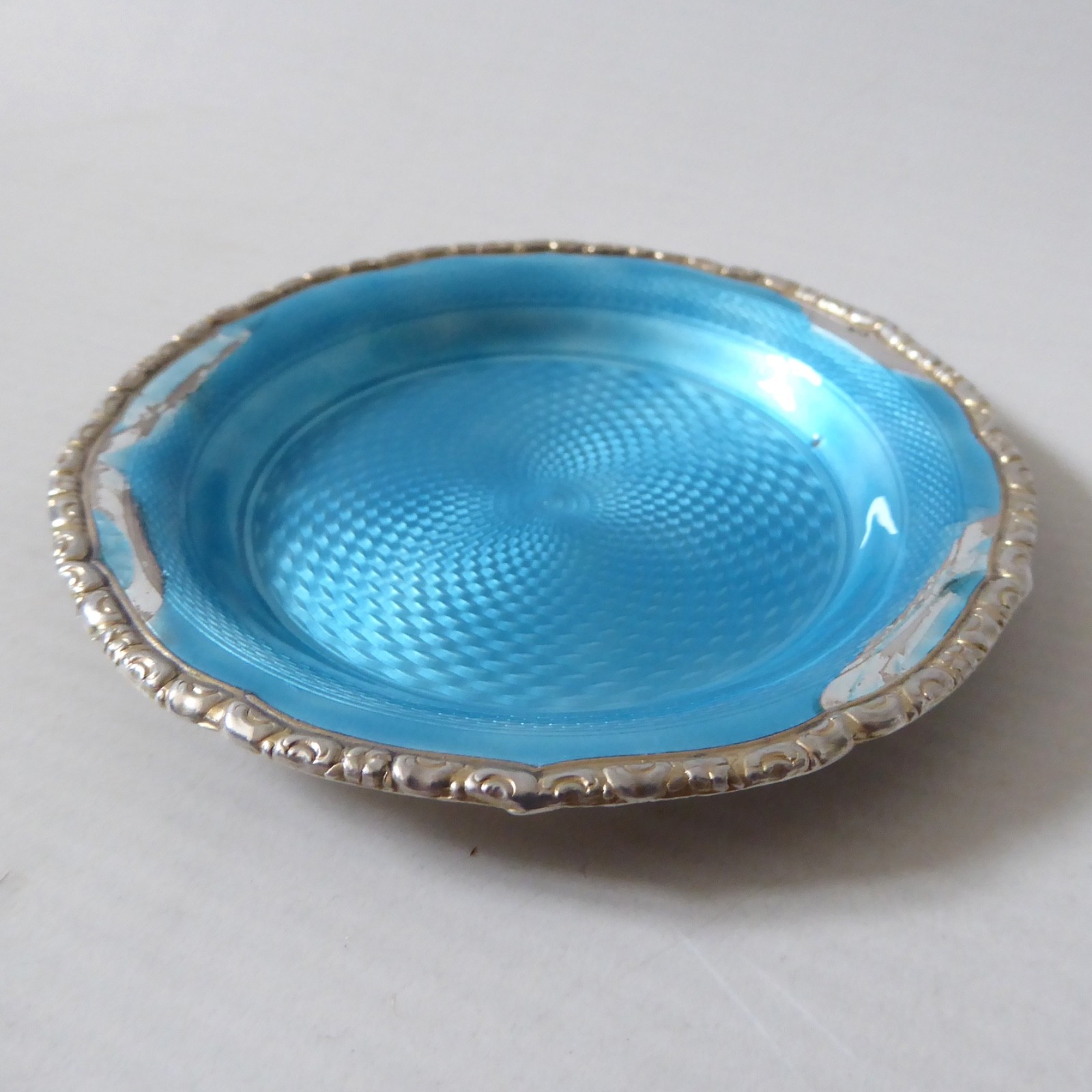 925 sterling silver & turquoise blue enamel guilloche pin dish. Vintage antique - Image 5