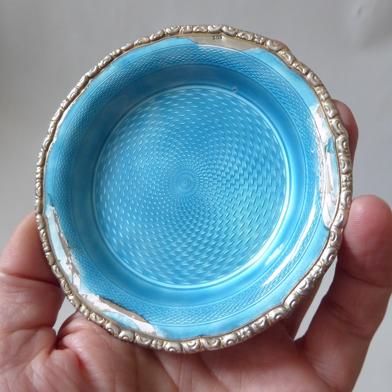 925 sterling silver & turquoise blue enamel guilloche pin dish. Vintage antique - Image 6