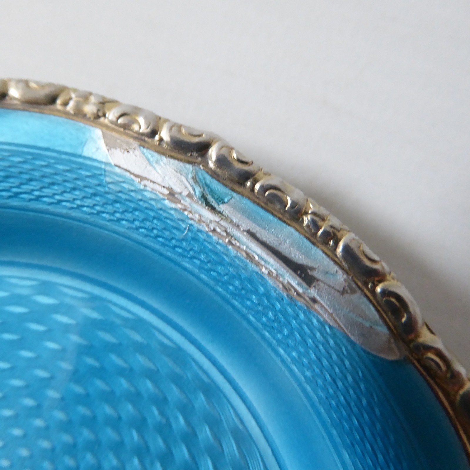 925 sterling silver & turquoise blue enamel guilloche pin dish. Vintage antique - Image 7