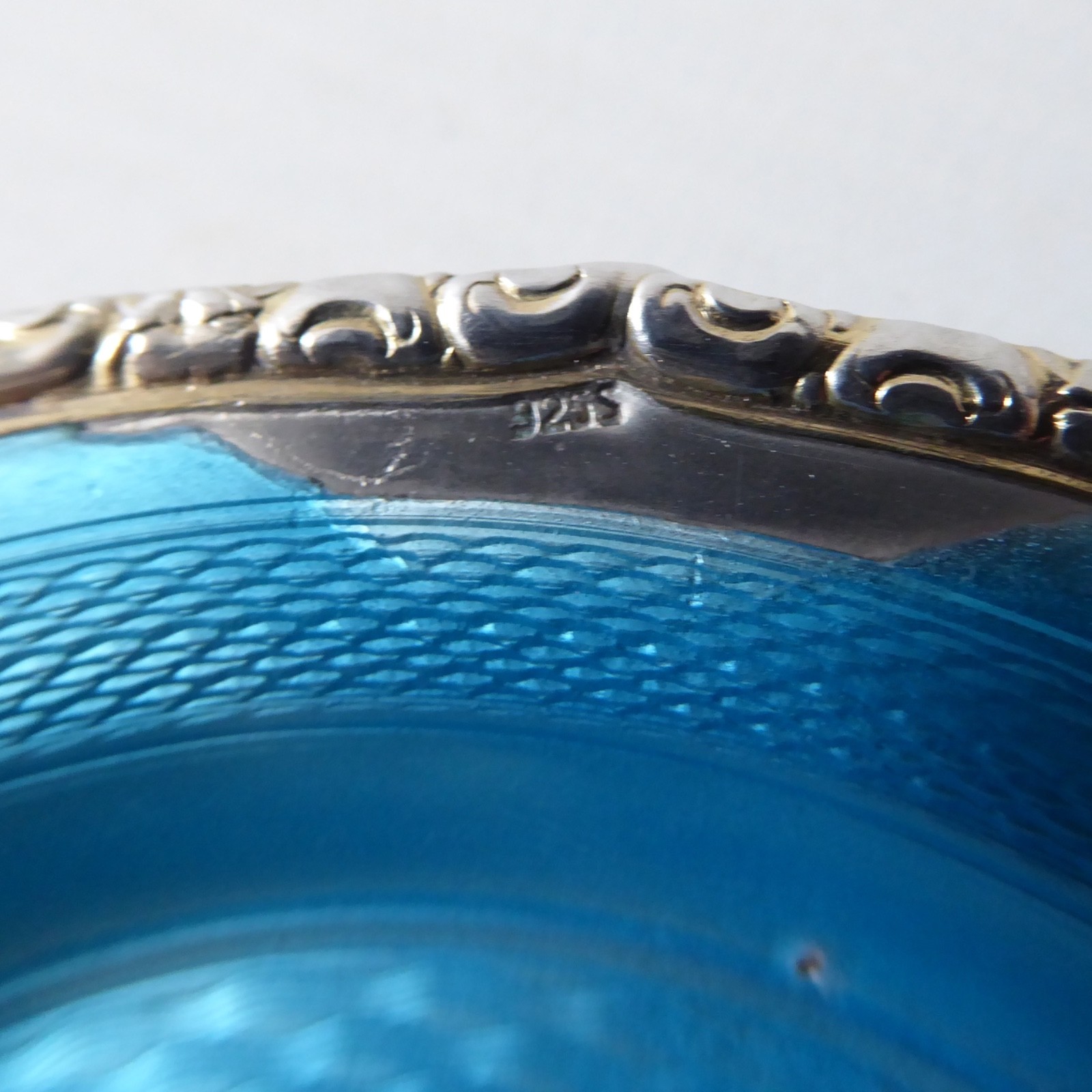925 sterling silver & turquoise blue enamel guilloche pin dish. Vintage antique - Image 8