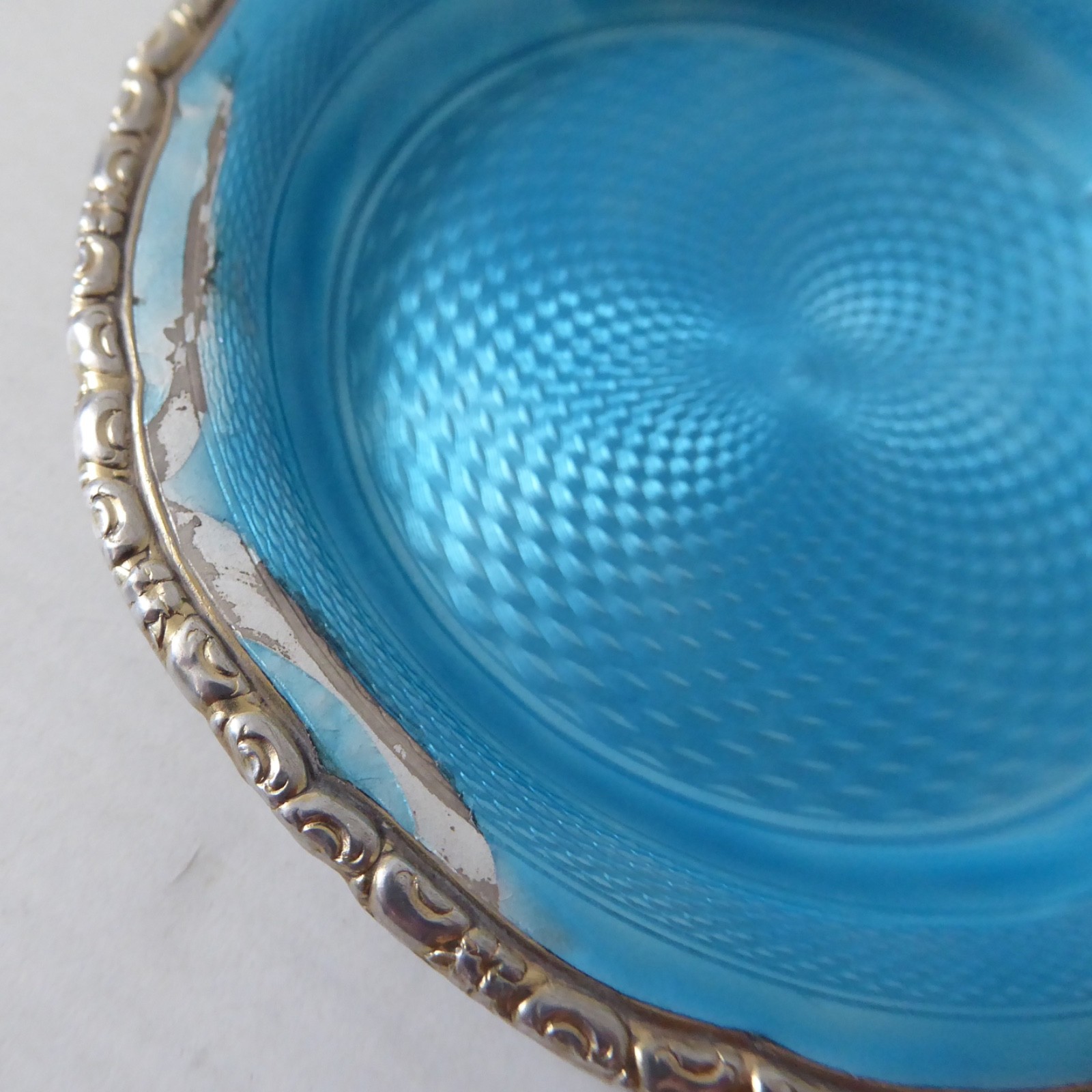 925 sterling silver & turquoise blue enamel guilloche pin dish. Vintage antique - Image 9