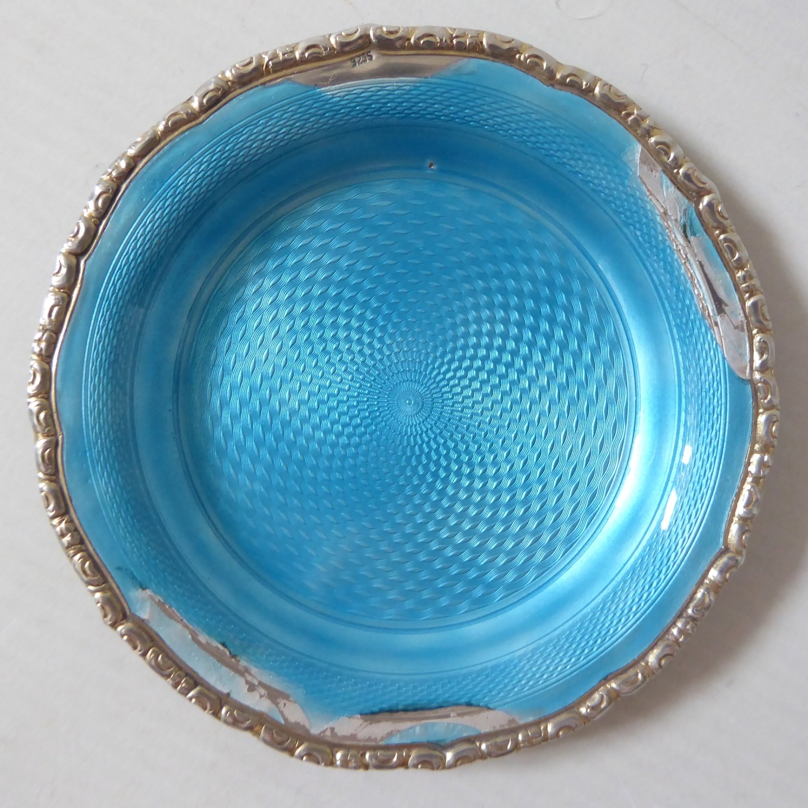925 sterling silver & turquoise blue enamel guilloche pin dish. Vintage antique