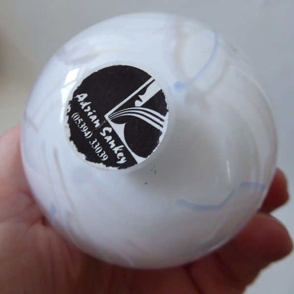 Adrian Sankey vintage art glass bud vase, round white opaline + streaks lines - Image 13