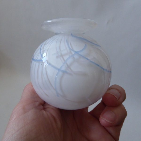 Adrian Sankey vintage art glass bud vase, round white opaline + streaks lines
