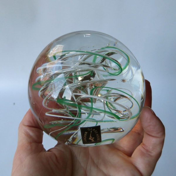 Big Langham Glass Streamer art glass paperweight green white clear swirl bubble - Image 3