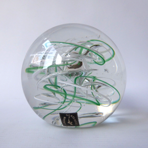 Big Langham Glass Streamer art glass paperweight green white clear swirl bubble