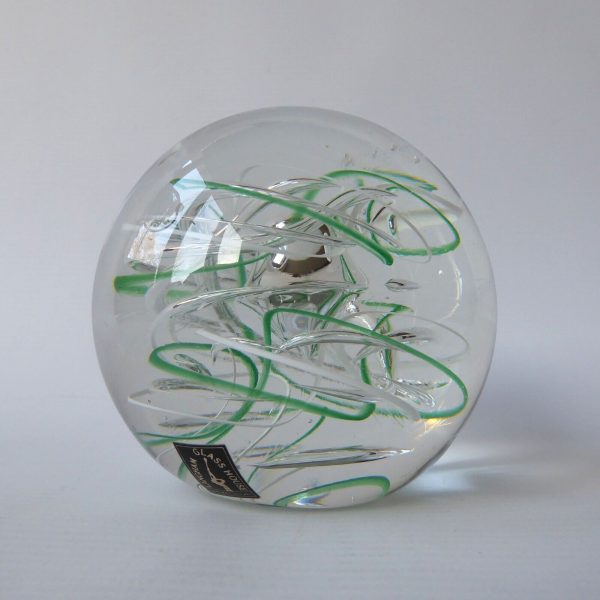 Big Langham Glass Streamer art glass paperweight green white clear swirl bubble - Image 5