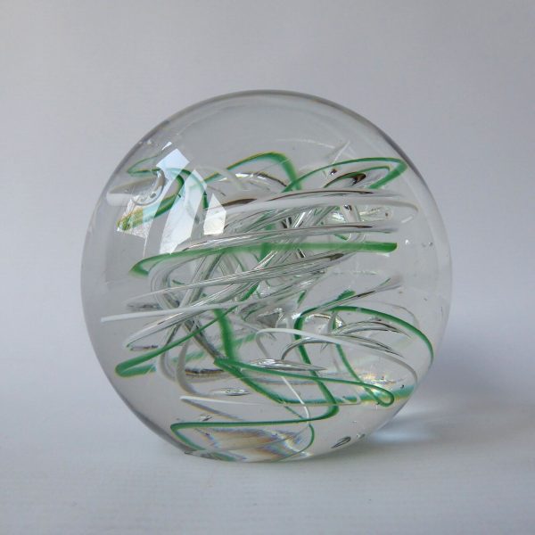 Big Langham Glass Streamer art glass paperweight green white clear swirl bubble - Image 7