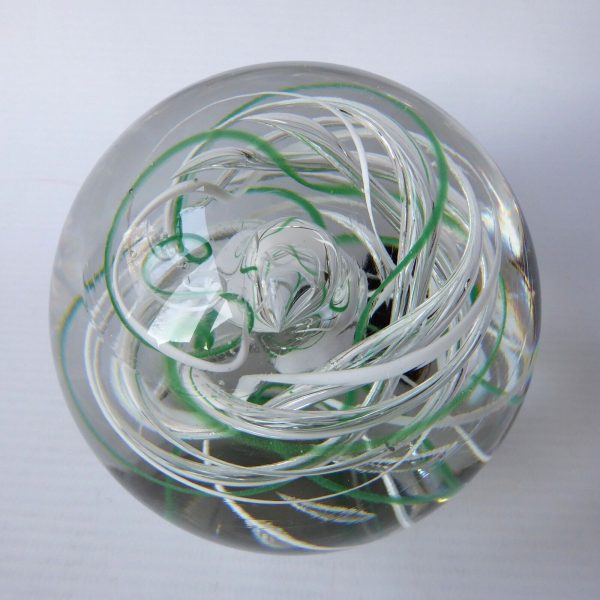 Big Langham Glass Streamer art glass paperweight green white clear swirl bubble - Image 9