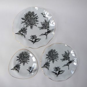 Chance Glass Silhouette Black & white floral set 3 plates. Vintage Flowers 1960s