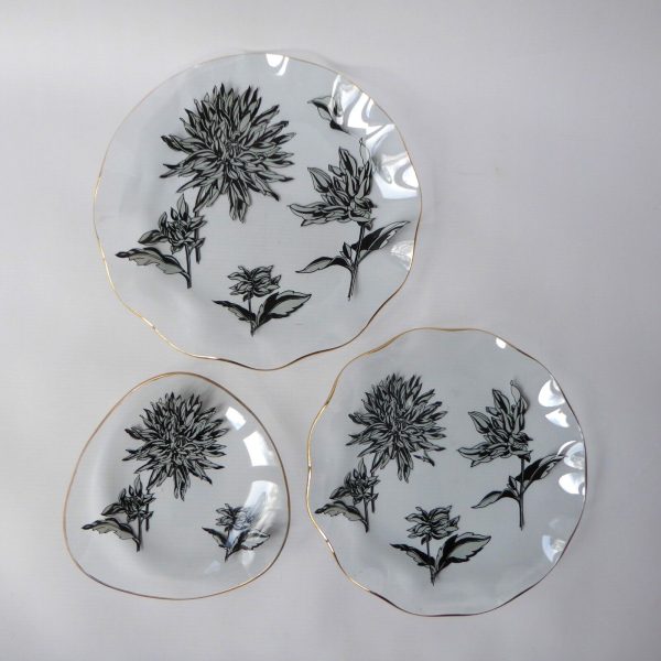Chance Glass Silhouette Black & white floral set 3 plates. Vintage Flowers 1960s