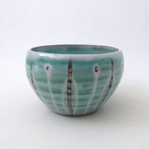 Dennis Lucas Hastings studio pottery bowl, duck egg green & stripes. 1970s clay