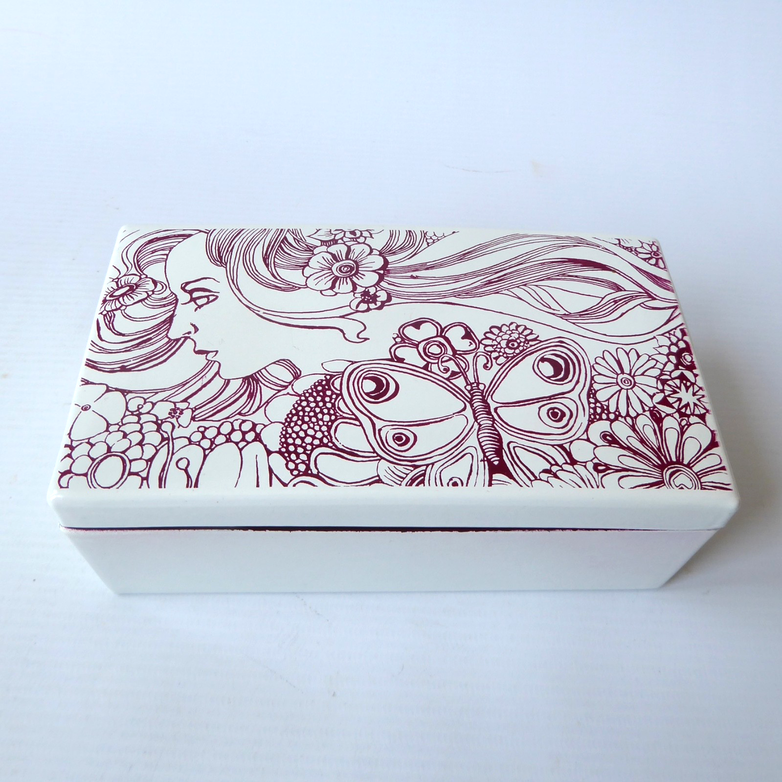 Elizabeth Arden Japanese jewellery/trinket box, burgundy & white lacquered - Image 3