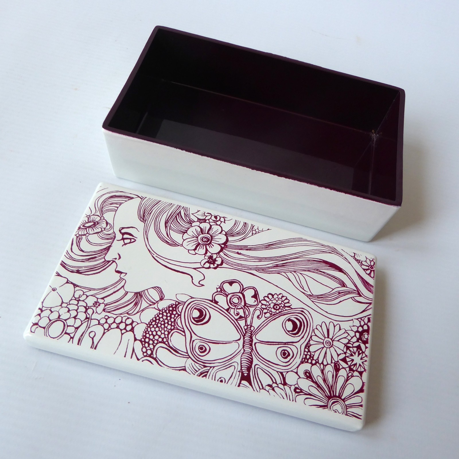 Elizabeth Arden Japanese jewellery/trinket box, burgundy & white lacquered - Image 4