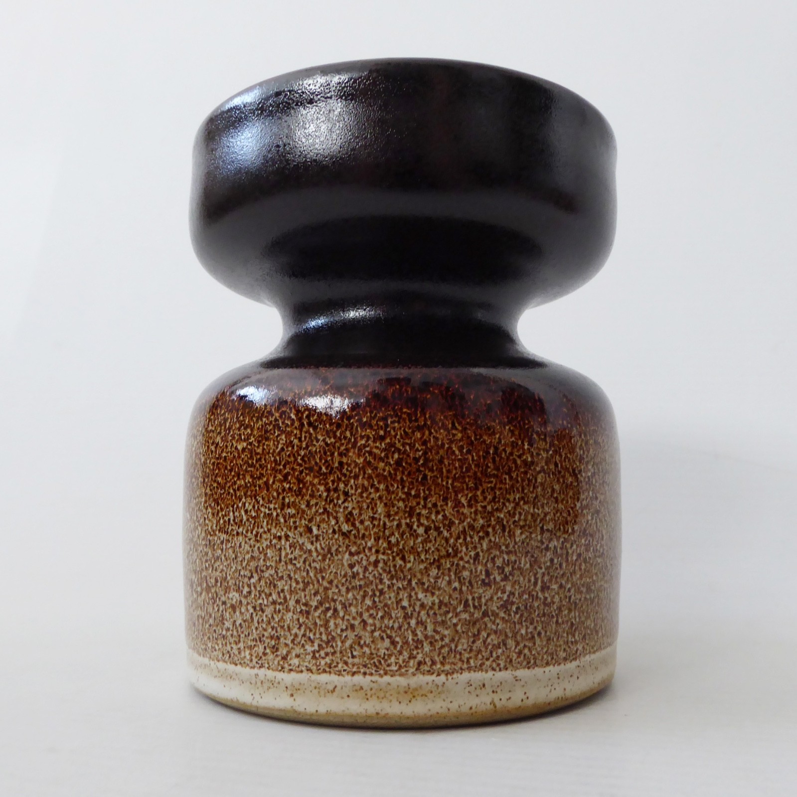 Haven Pottery vintage studio stoneware pillar candle holder, retro HP brown vase