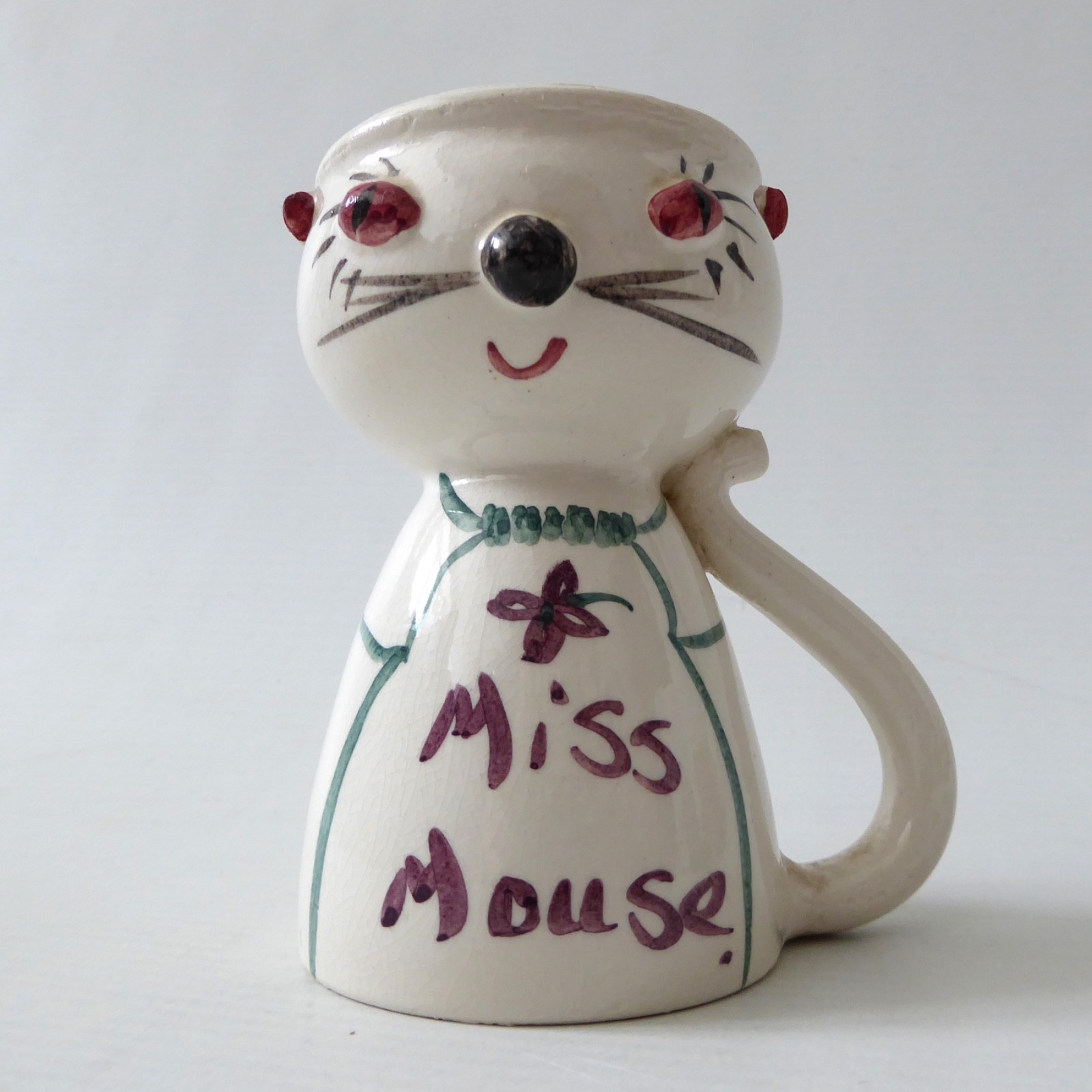 Hewett Ongar vintage pottery ceramic hand painted cute Miss Mouse egg cup, retro