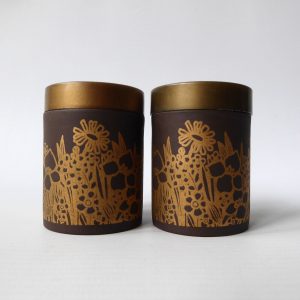 Hornsea salt & pepper pots, shakers, cruet. Lancaster Vitramic gold flowers, 70s
