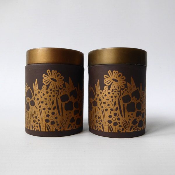 Hornsea salt & pepper pots, shakers, cruet. Lancaster Vitramic gold flowers, 70s