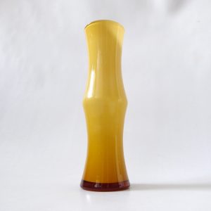 Japanese art glass amber bamboo vase, cased white inside, vintage retro 1970s