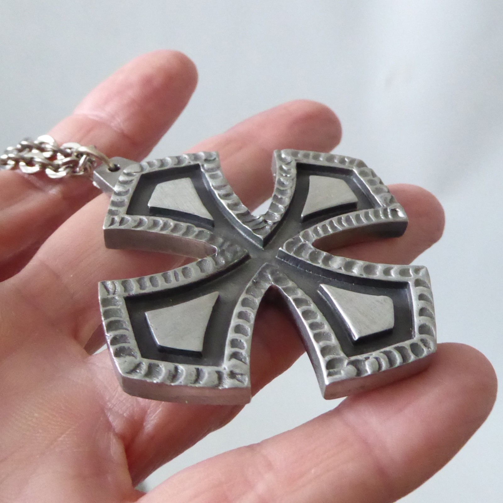 Jorgen Jensen vintage pewter pendant & necklace. Brutalist Nordic cross, 101 - Image 11