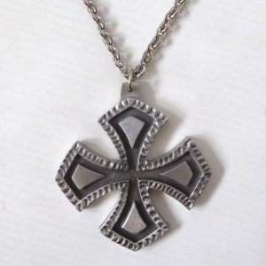 Jorgen Jensen vintage pewter pendant & necklace. Brutalist Nordic cross, 101