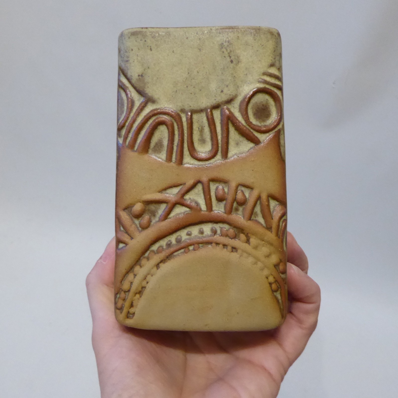 Louis Hudson studio pottery slab vase, rectangular clay, vintage 1970s retro