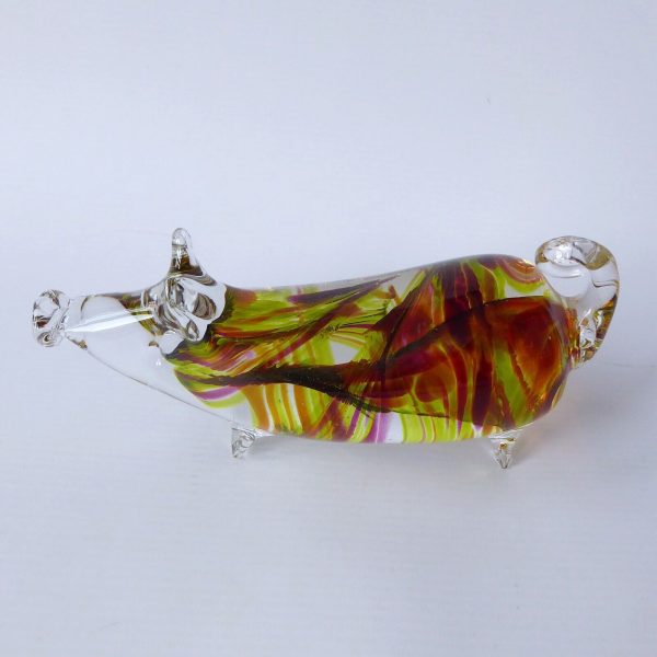 Mdina Malta art glass pig figurine signed. 2006 lime green plum swirls. 6.5" pig - Image 3