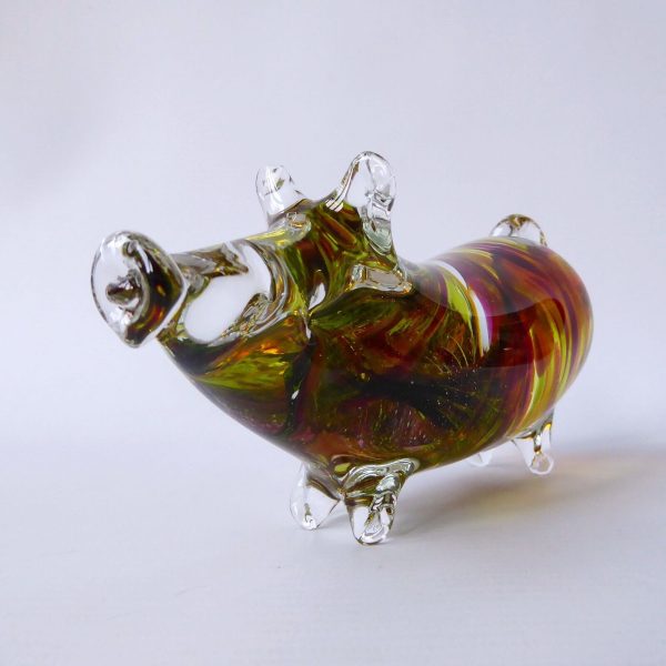 Mdina Malta art glass pig figurine signed. 2006 lime green plum swirls. 6.5" pig - Image 4