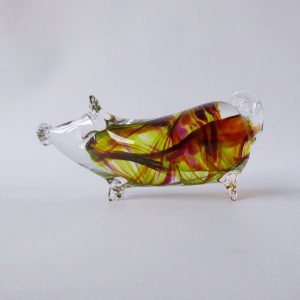 Mdina Malta art glass pig figurine signed. 2006 lime green plum swirls. 6.5" pig