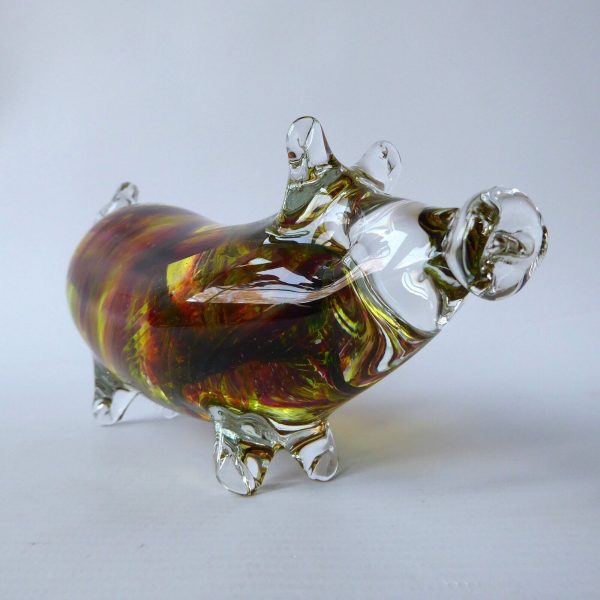 Mdina Malta art glass pig figurine signed. 2006 lime green plum swirls. 6.5" pig - Image 6