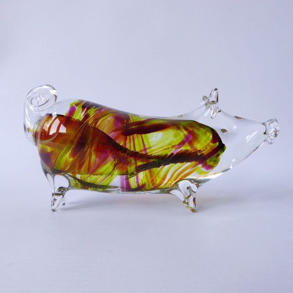 Mdina Malta art glass pig figurine signed. 2006 lime green plum swirls. 6.5" pig - Image 7