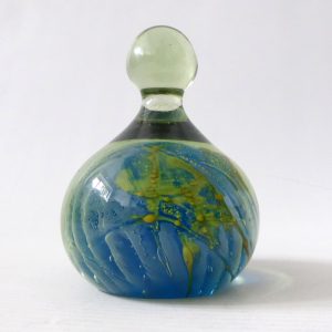 Mdina vintage glass paperweight + top knob Sea & Sand, blue + gold trails. Malta