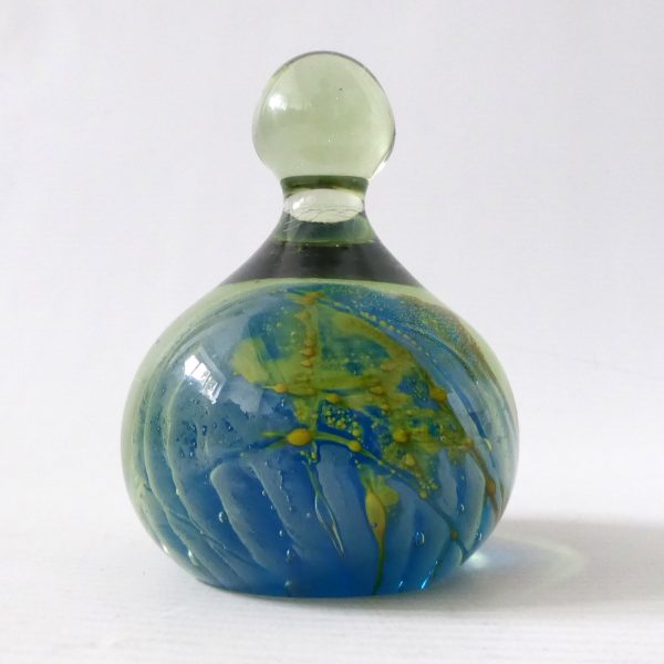 Mdina vintage glass paperweight + top knob Sea & Sand, blue + gold trails. Malta