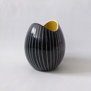 Mid century ceramic pottery art vase, vintage 1960s. Black white stripe + yellow
