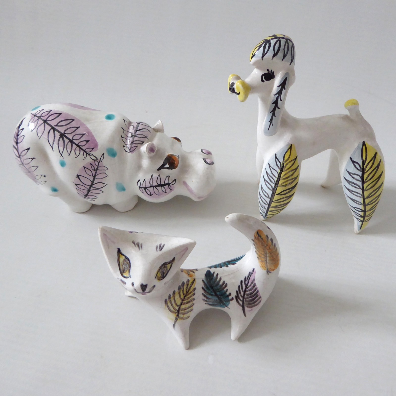 Mid century modern ceramic animals: cat, poodle & hippo. Prob. Italian 1950s 60s