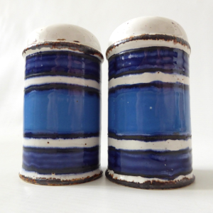 Midwinter Stonehenge Moon salt & pepper shakers pots, blue striped Creation. 70s