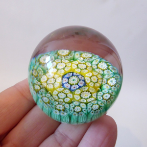 Miniature art glass paperweight, tightly packed millefiori flowers, green yellow