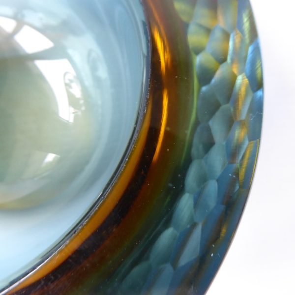 Murano geode vintage art glass bowl, amber sommerso + blue. Ashtray dish round - Image 17