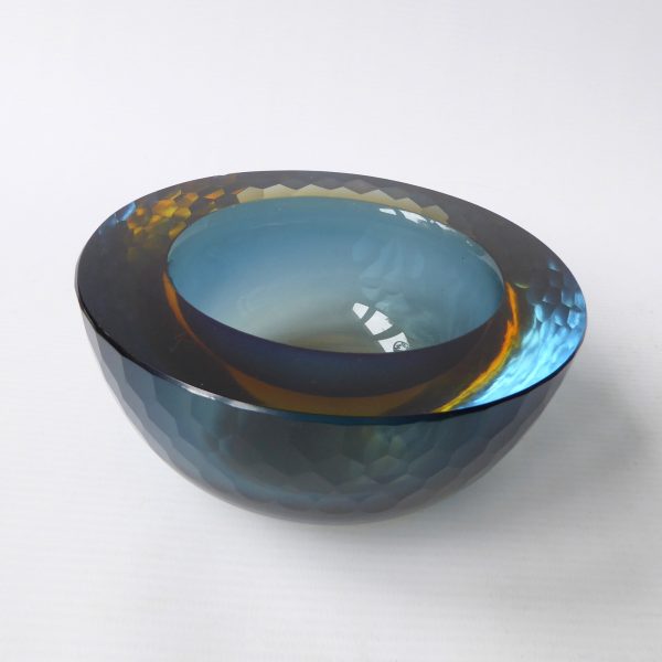 Murano geode vintage art glass bowl, amber sommerso + blue. Ashtray dish round - Image 3