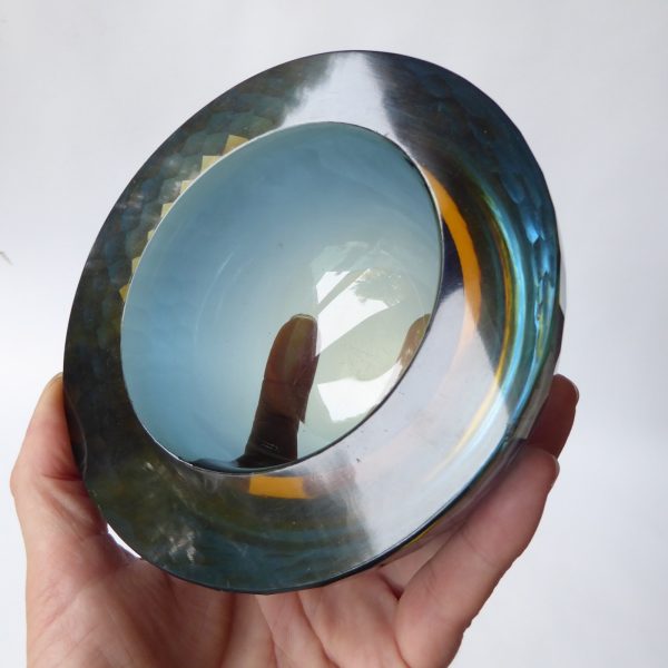 Murano geode vintage art glass bowl, amber sommerso + blue. Ashtray dish round - Image 4