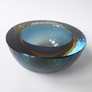Murano geode vintage art glass bowl, amber sommerso + blue. Ashtray dish round
