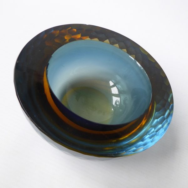 Murano geode vintage art glass bowl, amber sommerso + blue. Ashtray dish round - Image 5