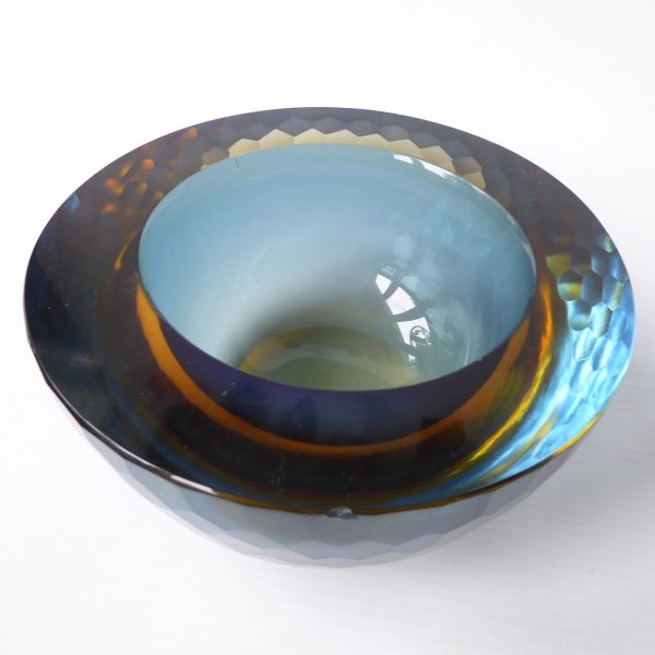 Murano geode vintage art glass bowl, amber sommerso + blue. Ashtray dish round - Image 6