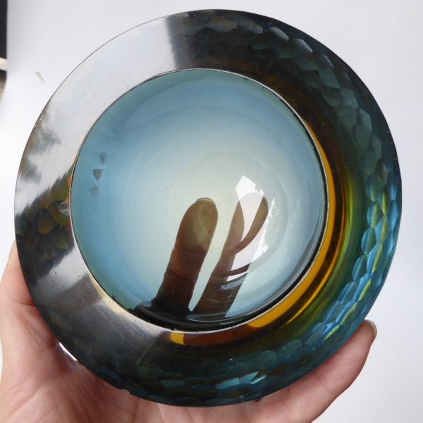 Murano geode vintage art glass bowl, amber sommerso + blue. Ashtray dish round - Image 7